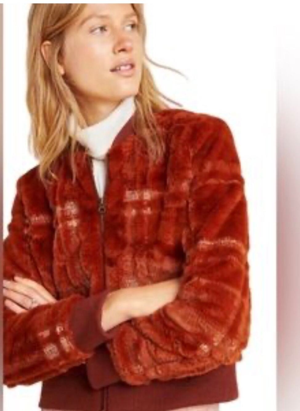 Anthropologie Plaid Faux Fur Teddy Bomber Jacket Rust L